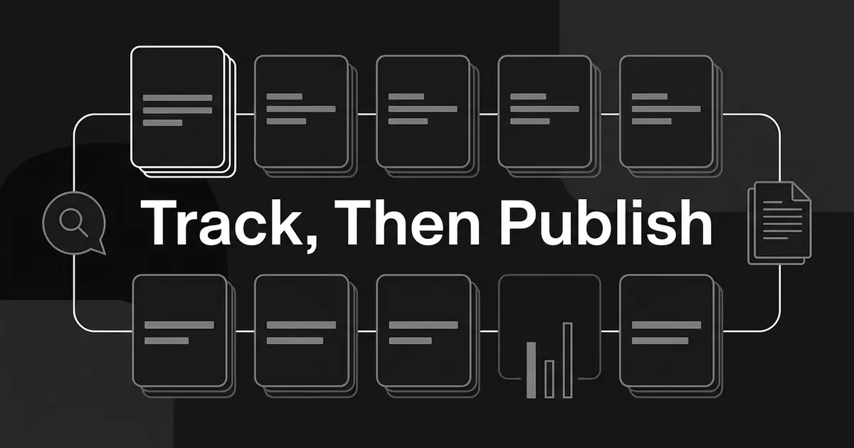 A monochrome flat vector cover showing eight identical layered content cards linked in a loop, with one card highlighted in white, running from a search bubble on the left to a published document on the right under the words Track, Then Publish.
