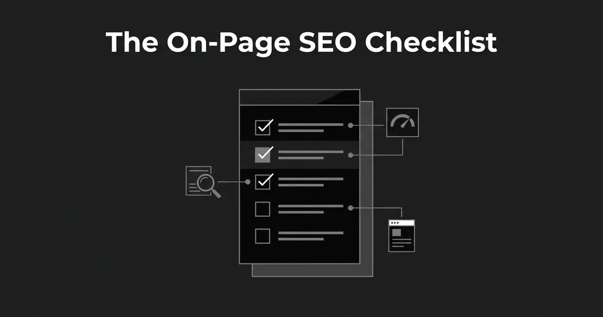 A monochrome illustration of a checklist card with several rows checked and unchecked, connected by thin lines to a magnifying glass over a page, a gauge, and a small webpage icon, under the title The On-Page SEO Checklist.