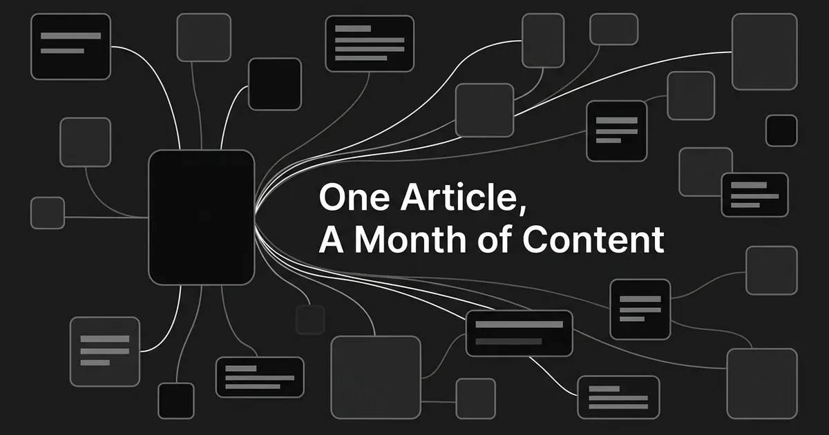 A single dark card representing one article, with white lines fanning out to many smaller cards standing for the posts, emails and pages made from it, beneath the words One Article, A Month of Content.