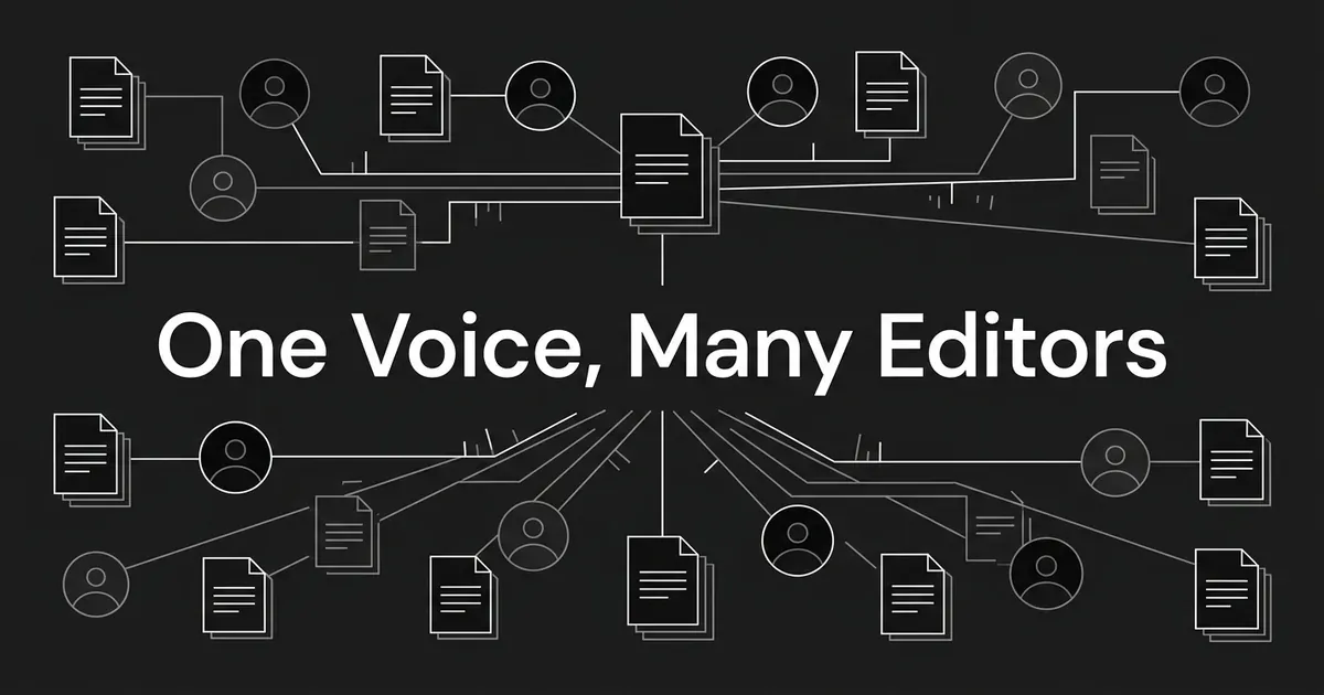 Outlined document cards and person icons across a charcoal background connect by thin white lines into one central document, under the cover line One Voice, Many Editors.