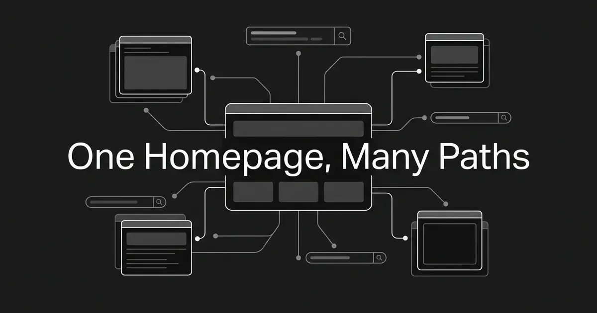 A centered cover line reading One Homepage, Many Paths over a monochrome diagram of a web page card connected by thin lines to smaller page cards and search bars.