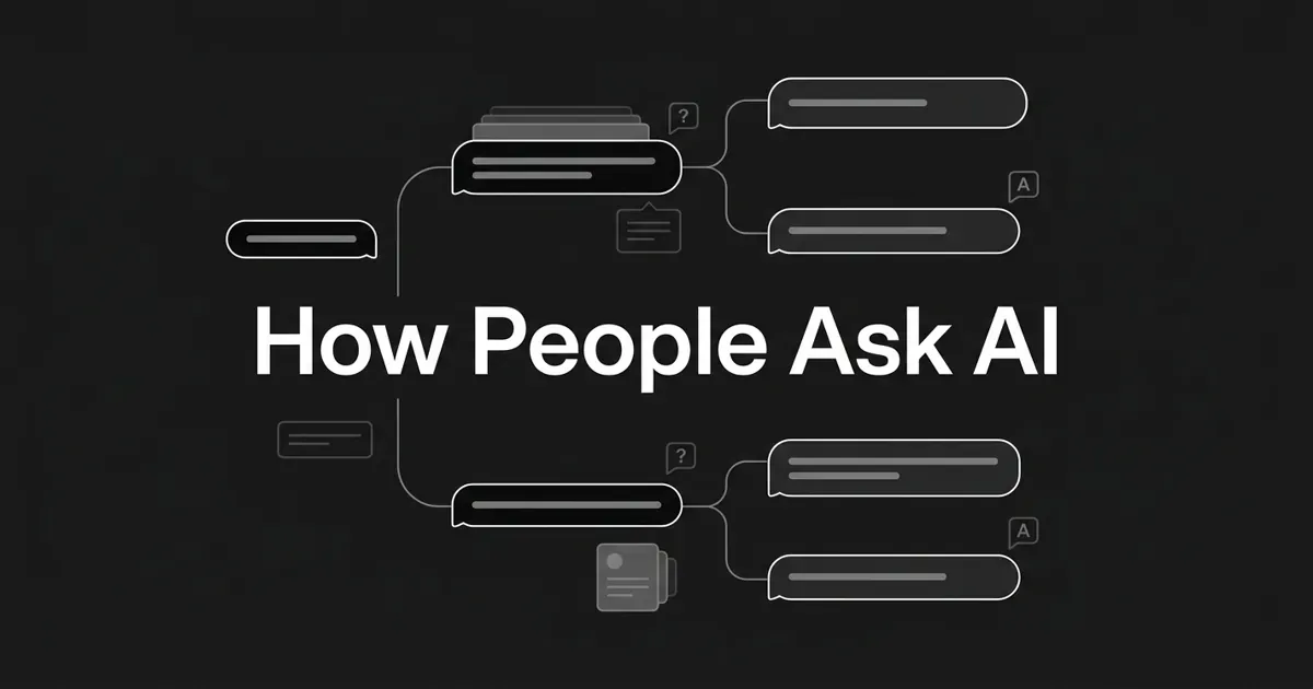 Monochrome abstract diagram of chat-prompt bubbles connected into a branching multi-turn conversation thread, with the centered white cover line "How People Ask AI" on a charcoal background.