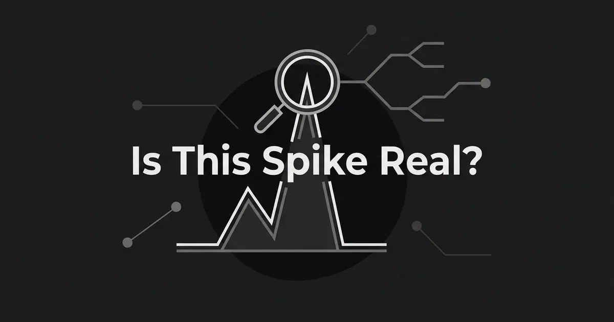 An illustration of a sharp line-chart spike examined by a magnifying glass, with branching data-connection lines behind the text "Is This Spike Real?" on a charcoal background.