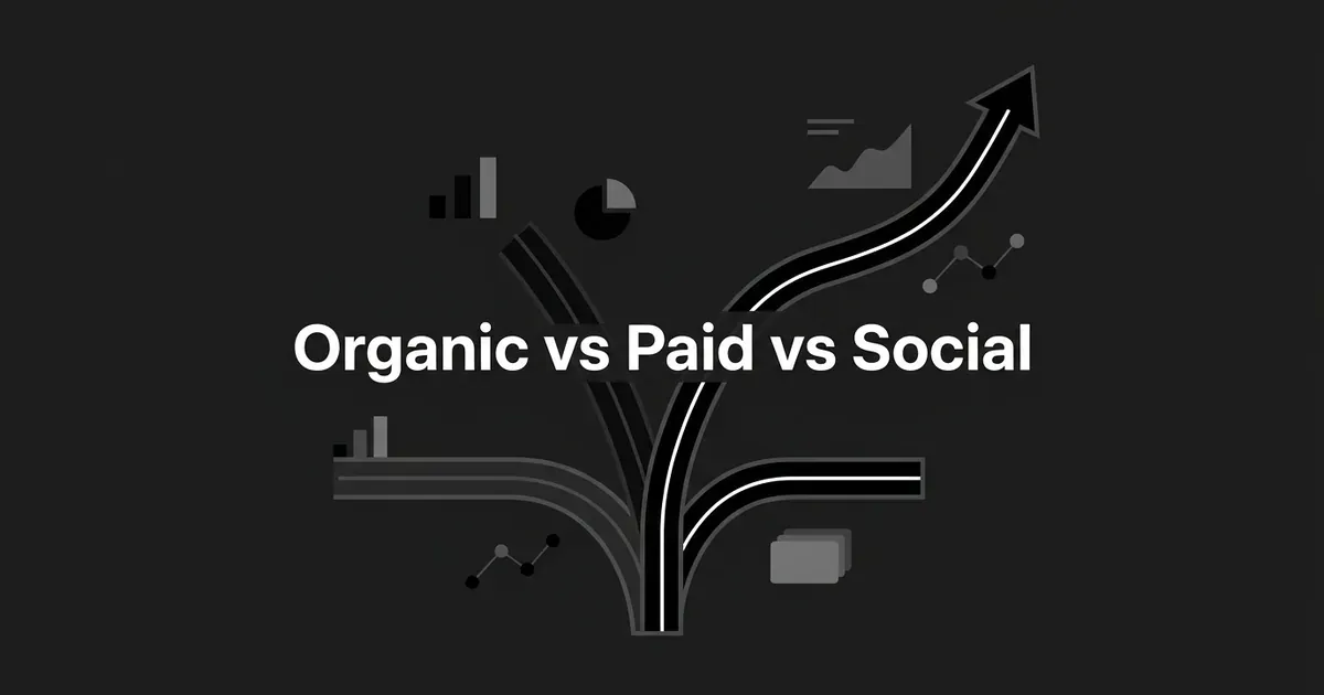 A monochrome illustration of diverging paths branching from one point, with one path curving upward into a rising arrow and small chart and data-point motifs scattered around, and the text Organic vs Paid vs Social centered over the paths.