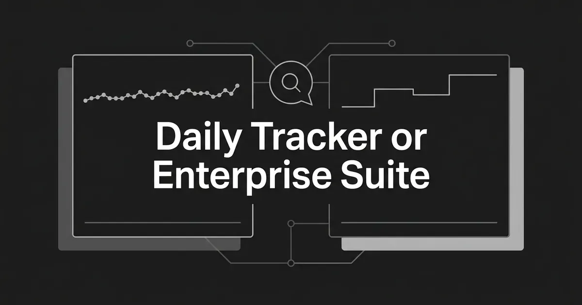 A dark monochrome cover showing two abstract dashboard panels, one with a dense daily data line and one with a stepped weekly line, joined to a central search bubble behind the line Daily Tracker or Enterprise Suite.