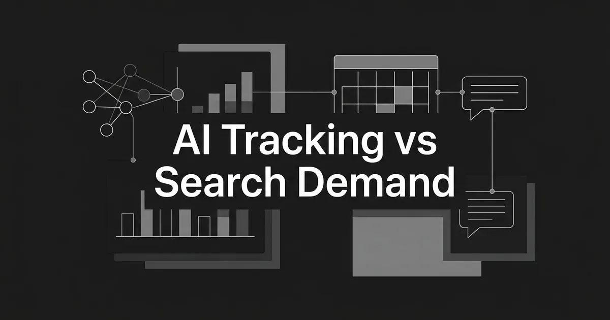 Monochrome cover reading AI Tracking vs Search Demand, with a node diagram and bar chart on one side and a calendar grid and answer bubbles on the other.