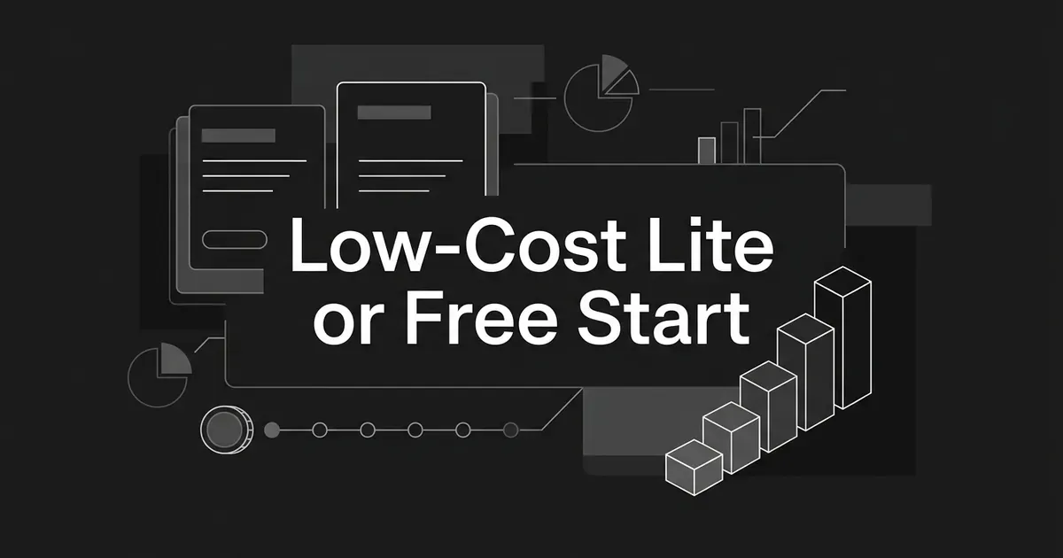 Dark monochrome illustration with the words Low-Cost Lite or Free Start over layered cards, pie and bar chart fragments, and a stepped staircase of bars.
