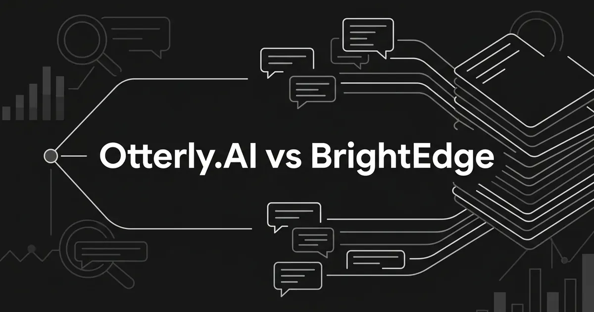 Monochrome line illustration of a single tracker node and a stack of layered cards both linking to AI answer bubbles, with the text Otterly.AI vs BrightEdge in the center.