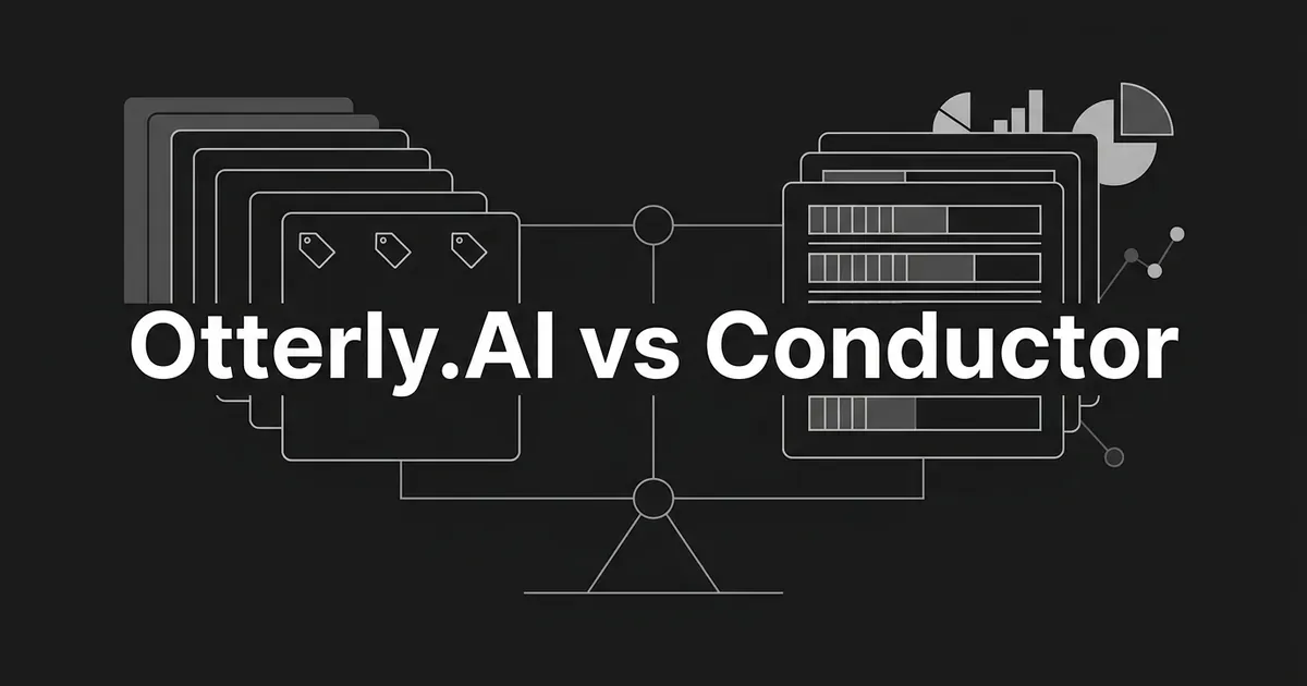 A balance scale with a stack of price-tag cards on one side and usage meter bars on the other, under the words Otterly.AI vs Conductor, in white line art on charcoal.