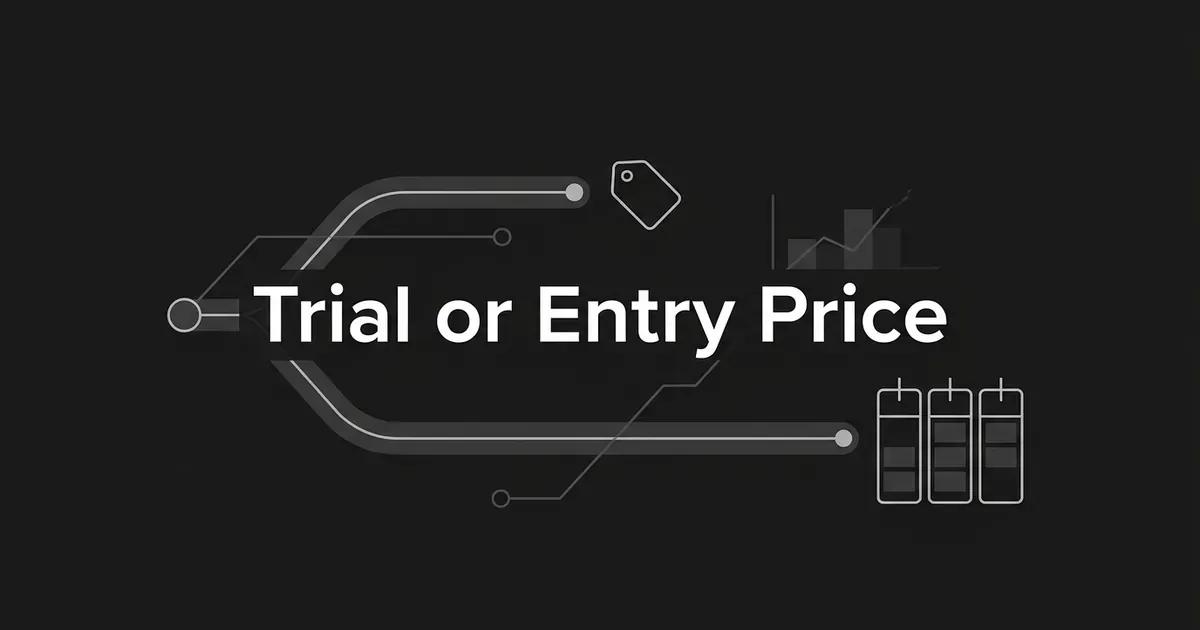 Monochrome diagram of one path splitting into two, one ending at a price tag and the other at three calendar-like columns, behind the words Trial or Entry Price.