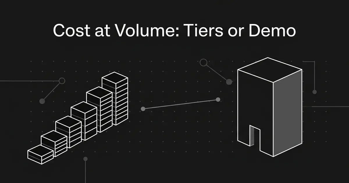 Monochrome illustration of a staircase of stacked price-tier blocks on the left and a single tall block with a door-shaped gap on the right, under the cover line Cost at Volume: Tiers or Demo.