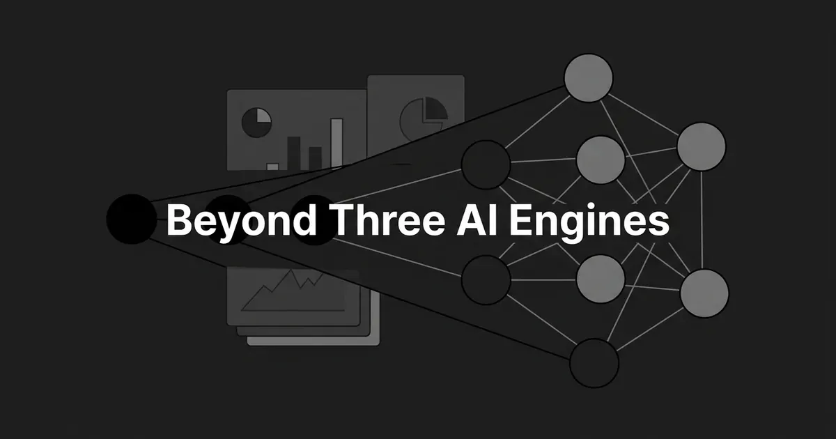 A monochrome network diagram on a charcoal background widens from three nodes on the left into a cluster of seven on the right, under the cover line Beyond Three AI Engines.