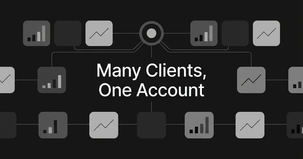 Abstract monochrome cover with a central hub node linked to rows of separate chart cards under the words Many Clients, One Account.