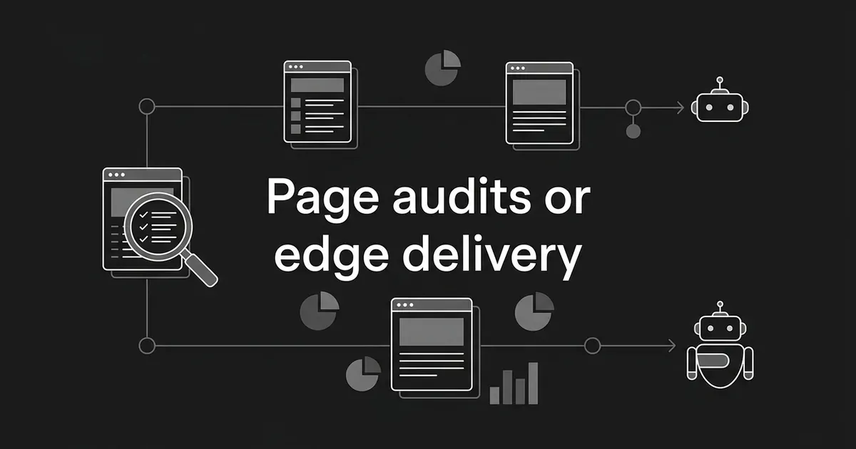 Monochrome illustration of a web page with a magnifying glass and checklist on one path and a page being routed to a robot agent on another, under the words Page audits or edge delivery.