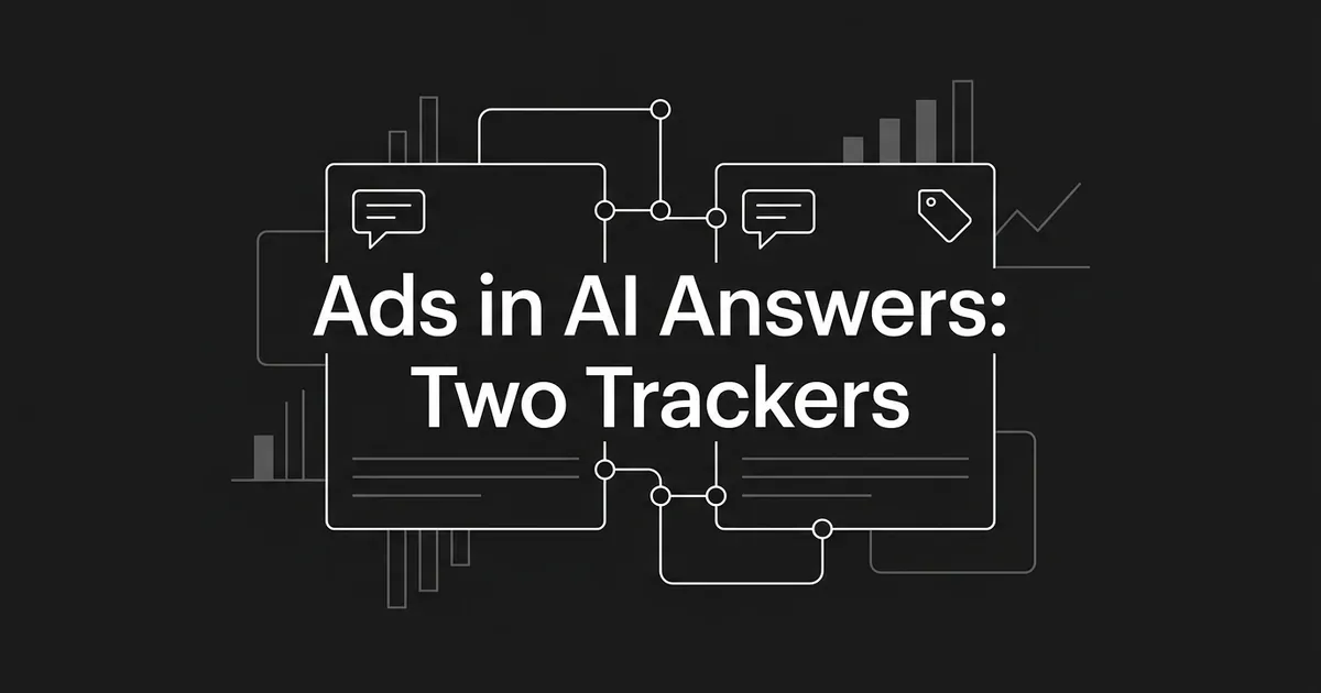 Two matching monochrome panels with chat bubbles and a sponsored tag, linked by nodes, behind the text Ads in AI Answers: Two Trackers.