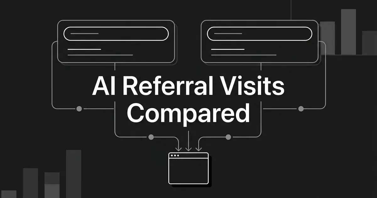 Monochrome cover reading AI Referral Visits Compared, with two answer cards connected by lines to a browser window to show visits arriving at a website.