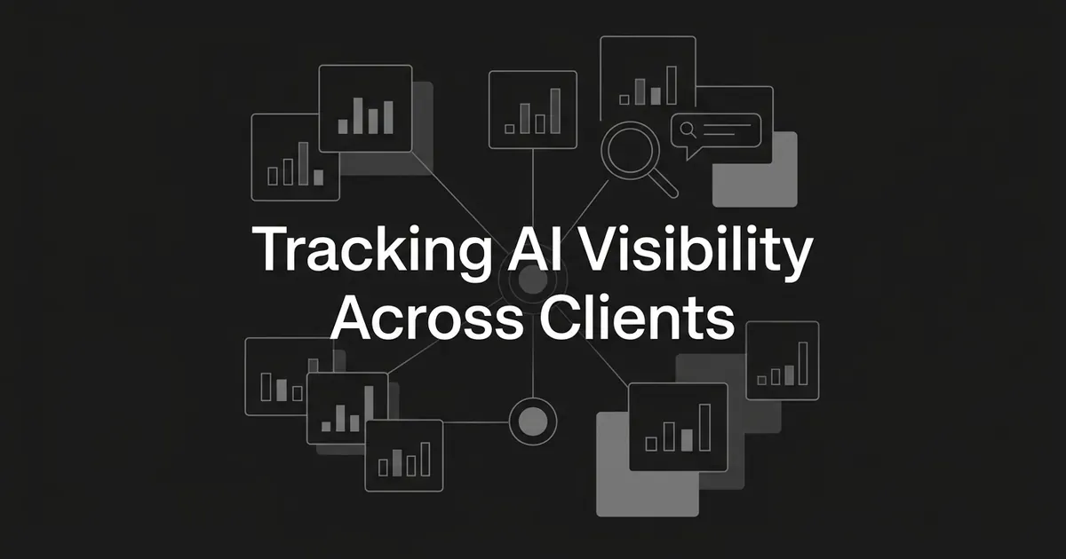 Abstract monochrome diagram of a central hub linked to several separate bar-chart cards, under the text Tracking AI Visibility Across Clients.