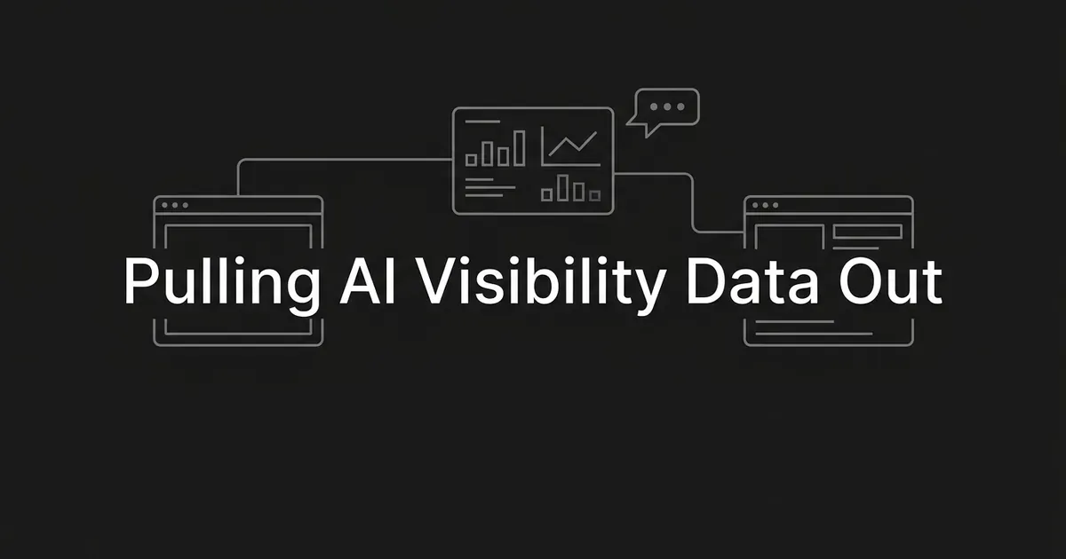 Monochrome line diagram of a central dashboard card linked to two app windows and an assistant chat bubble, under the line Pulling AI Visibility Data Out.