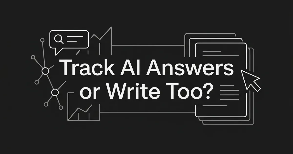 Dark monochrome cover with the line Track AI Answers or Write Too? between a cluster of connected nodes and a search bubble on the left and a stack of document cards with a cursor on the right.