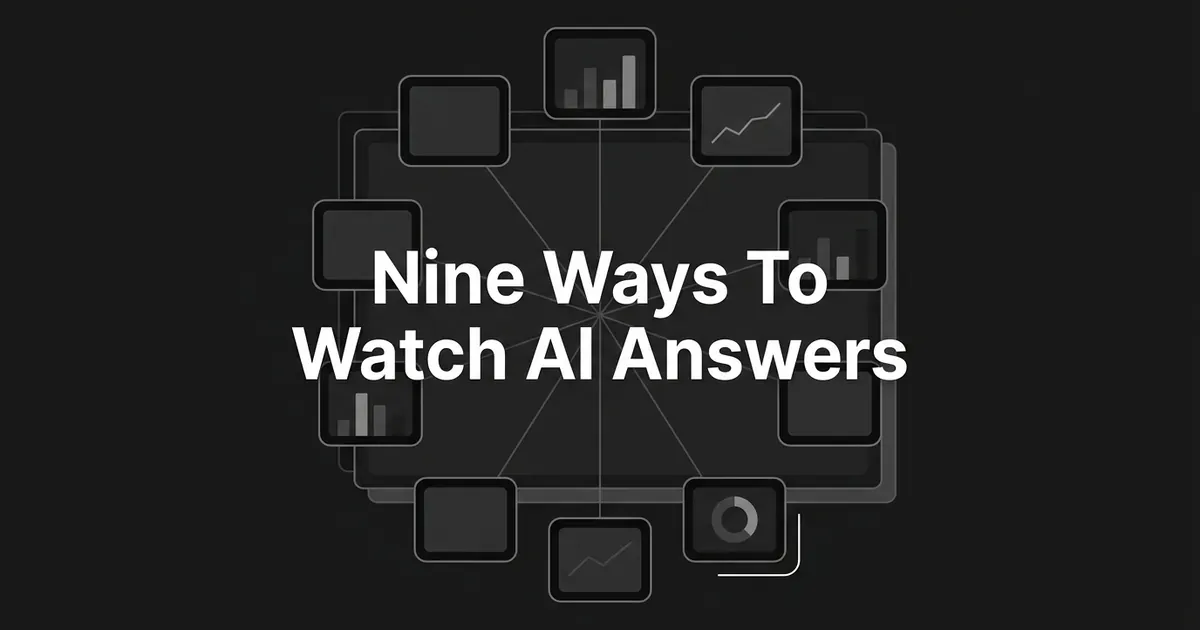 Nine outlined cards holding small chart fragments ring a central hub on a charcoal background, under the cover line Nine Ways To Watch AI Answers.