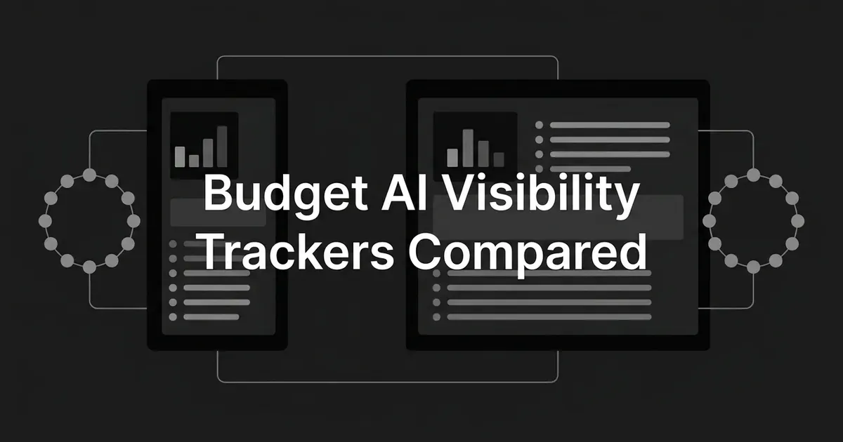 A monochrome illustration of two abstract dashboard cards of different widths, each fed by a ring of connected nodes, under the centered cover line Budget AI Visibility Trackers Compared.