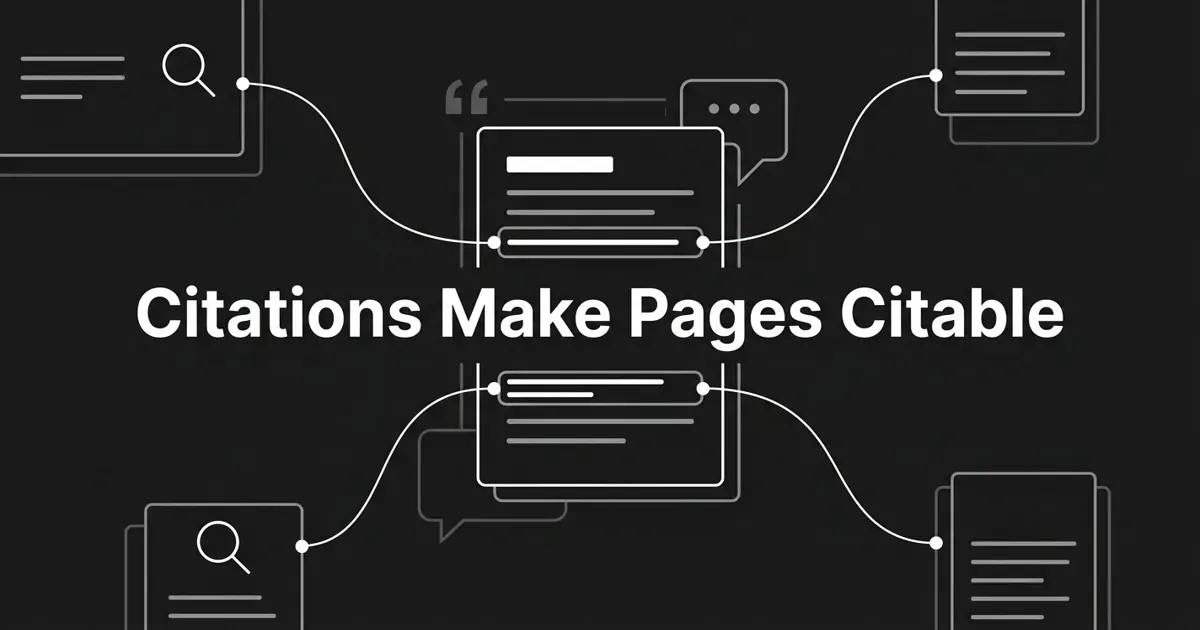 Monochrome flat-vector illustration of a central content card whose highlighted claim lines connect outward to four surrounding source documents, under the cover line "Citations Make Pages Citable".