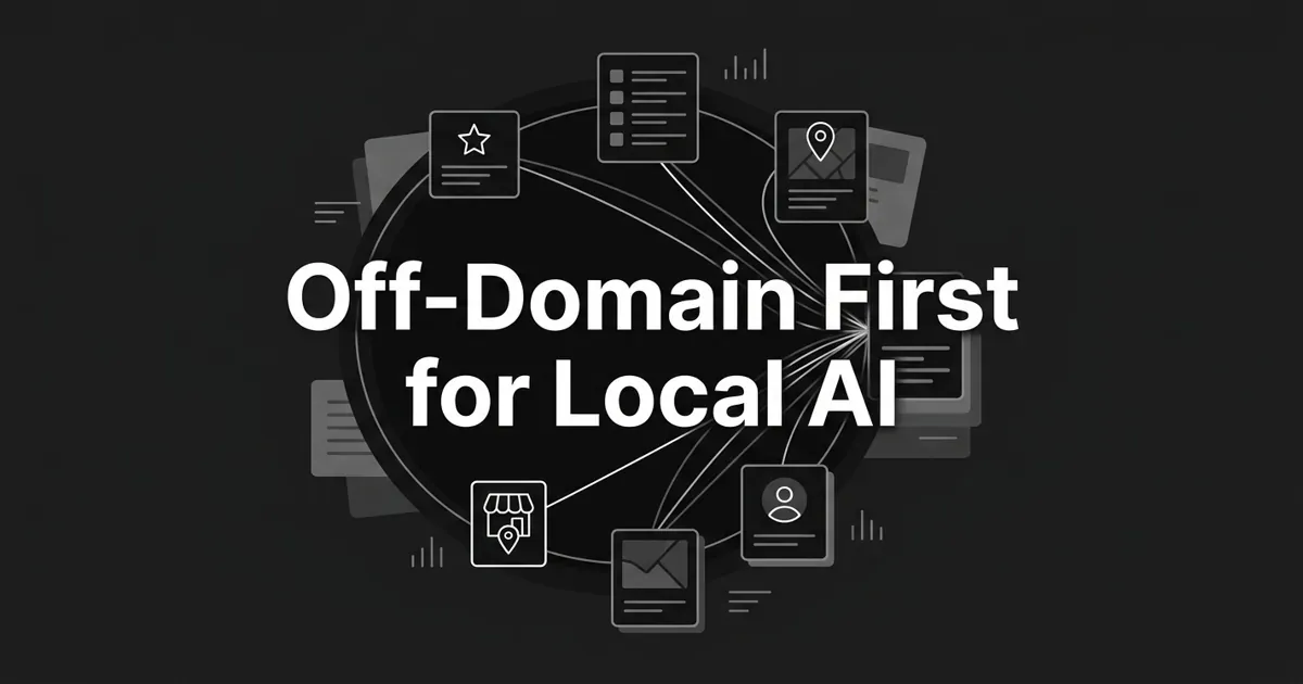 Monochrome flat-vector illustration of a small storefront node ringed by review, listing, roundup, and profile cards whose connection lines converge on one point, under the cover line Off-Domain First for Local AI.