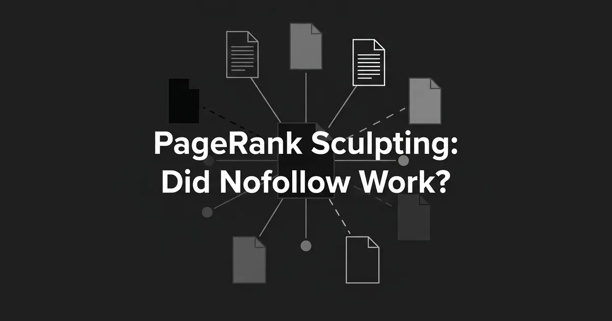 A monochrome hub of page icons connected to a central node by solid and dashed lines, some links broken, illustrating PageRank sculpting with nofollow links.