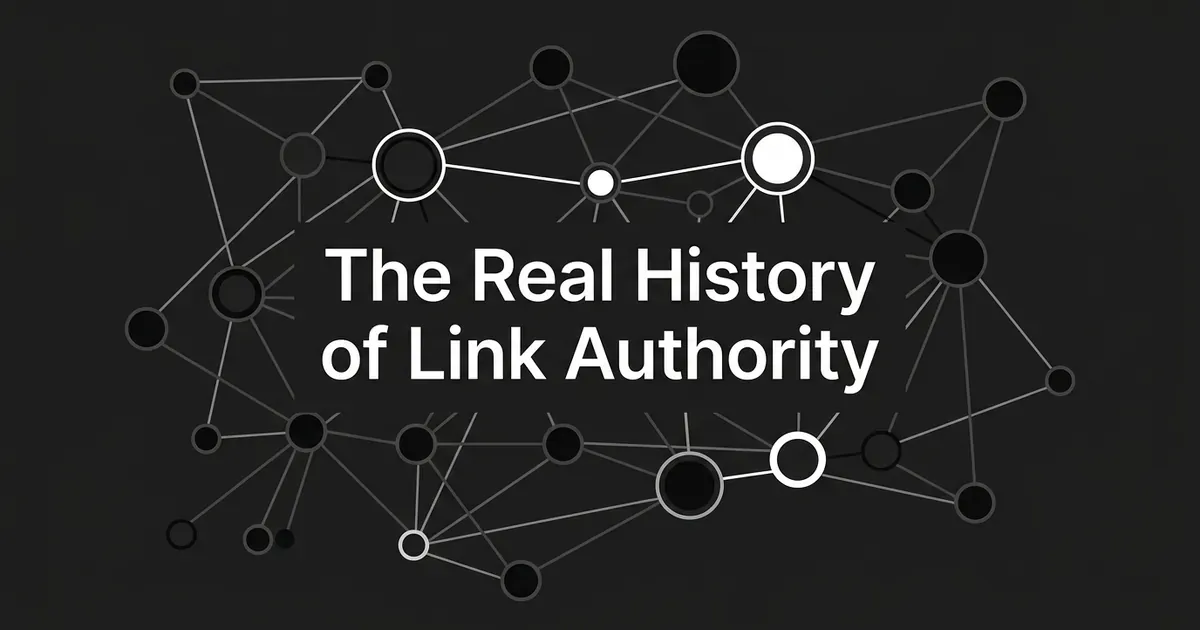 An abstract monochrome network of connected nodes of different sizes, with the cover line 'The Real History of Link Authority' centered over it.