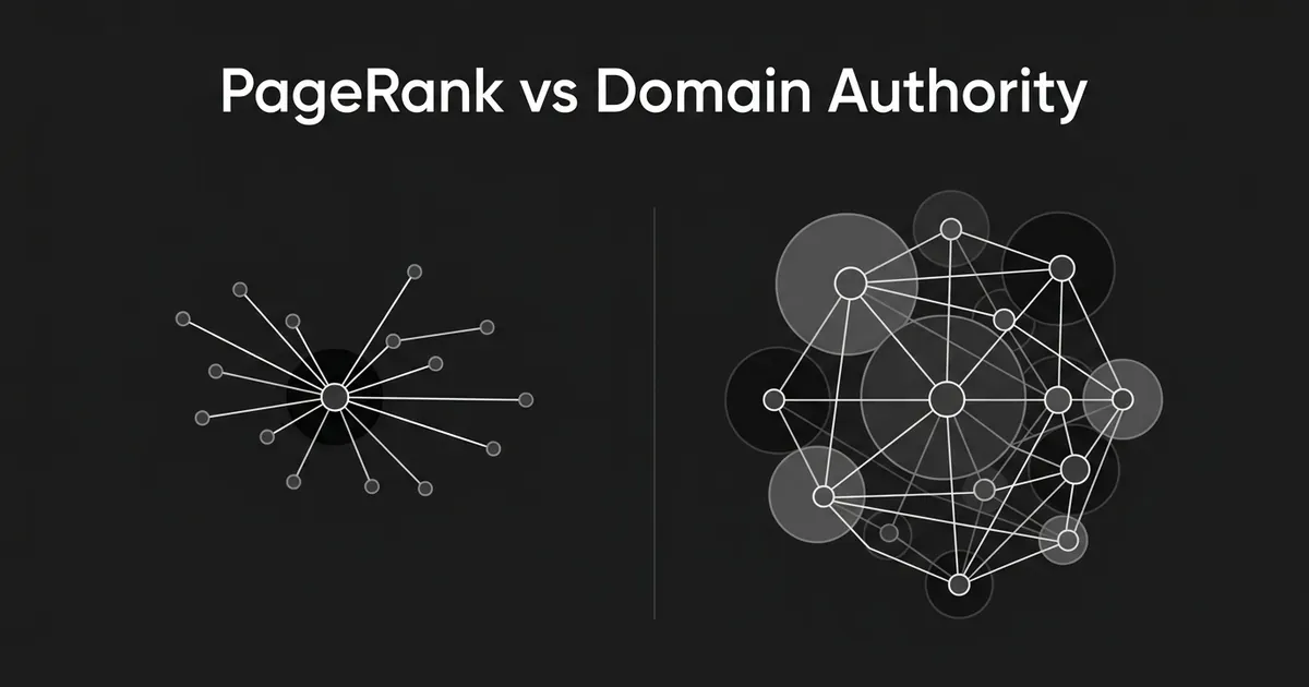 An abstract monochrome diagram contrasts a small cluster of linked nodes representing one page's links with a larger, denser cluster of connected circles representing a whole domain, illustrating the difference between page-level and domain-level authority.