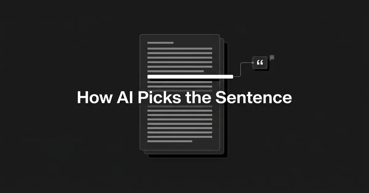 Monochrome flat-vector illustration of a document with one text line highlighted in white and lifted out along a connection line into a small quote node, showing an AI pulling one exact sentence from a page.