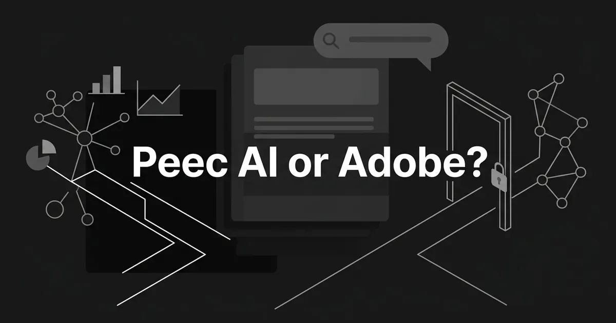 Dark monochrome cover reading Peec AI or Adobe? with an open path leading to a network of chart nodes on the left and a locked gate on the right.