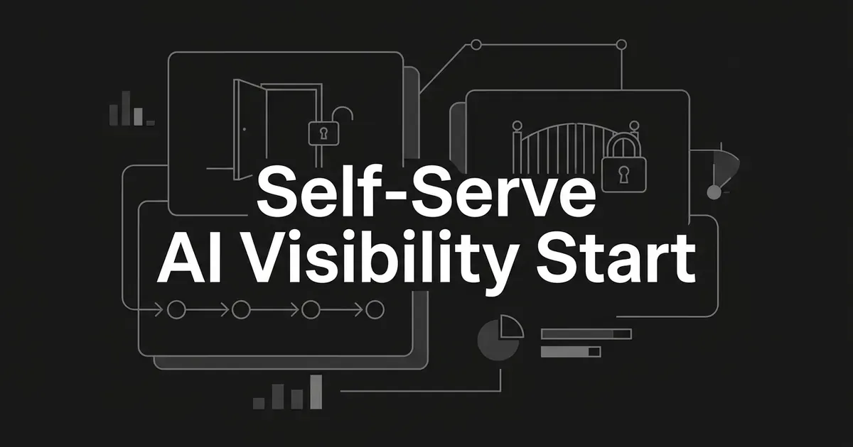 Abstract monochrome illustration of an open door beside a padlocked gate under the cover line Self-Serve AI Visibility Start.