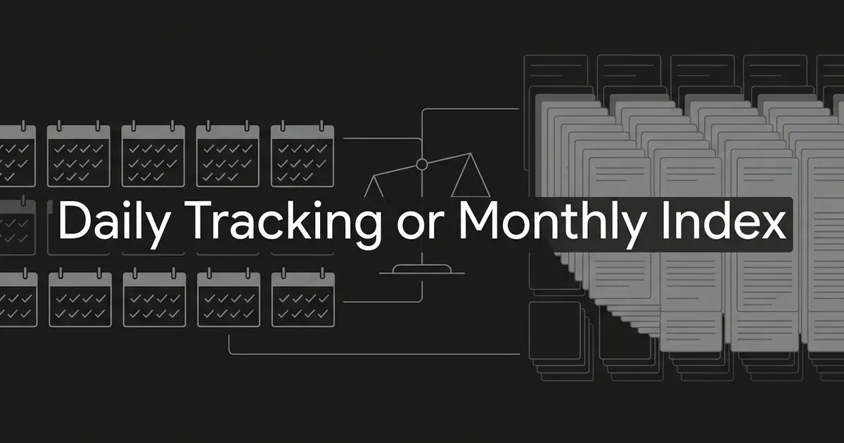 Monochrome illustration of a row of daily check calendars and a stack of index cards on either side of a balance scale, with the cover line Daily Tracking or Monthly Index.