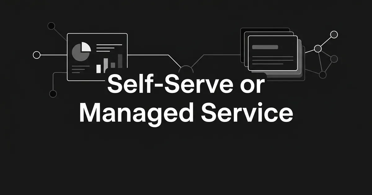 A dark monochrome cover with the line Self-Serve or Managed Service, between a single dashboard card on the left and a layered stack of cards linked to a node cluster on the right.
