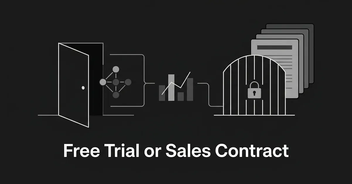 Monochrome line illustration of an open door leading to a small network of nodes on the left and a padlocked gate in front of stacked contract pages on the right, joined by a small bar and line chart, with the words Free Trial or Sales Contract.