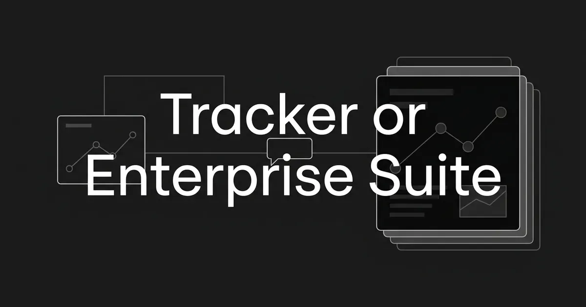 Dark abstract cover with a small chart card on the left and a larger stack of layered cards on the right, behind the words Tracker or Enterprise Suite.