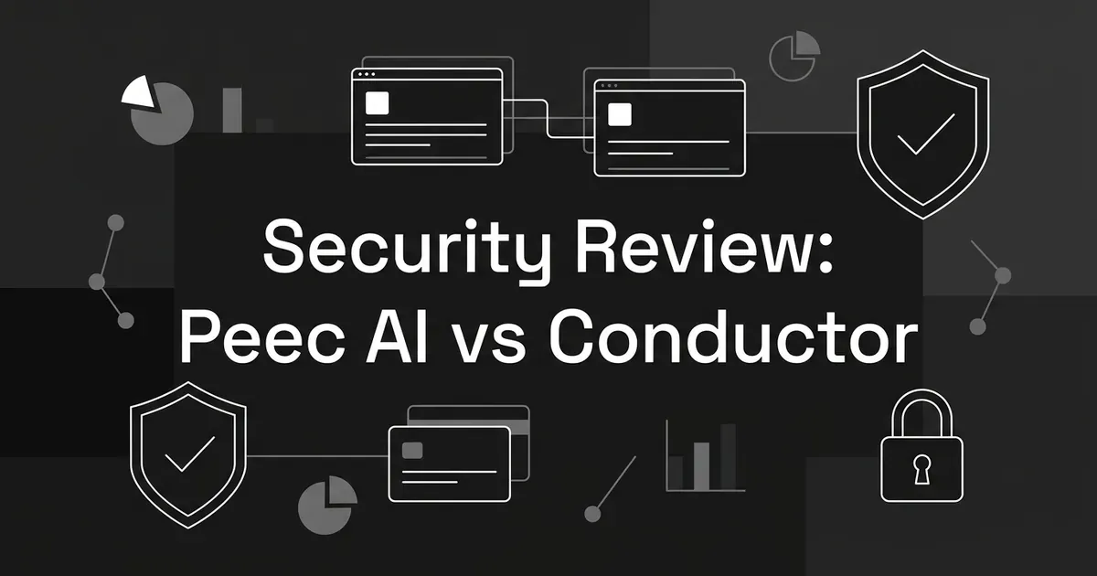 Dark monochrome cover reading Security Review: Peec AI vs Conductor, surrounded by shield, padlock, layered card and chart outlines.