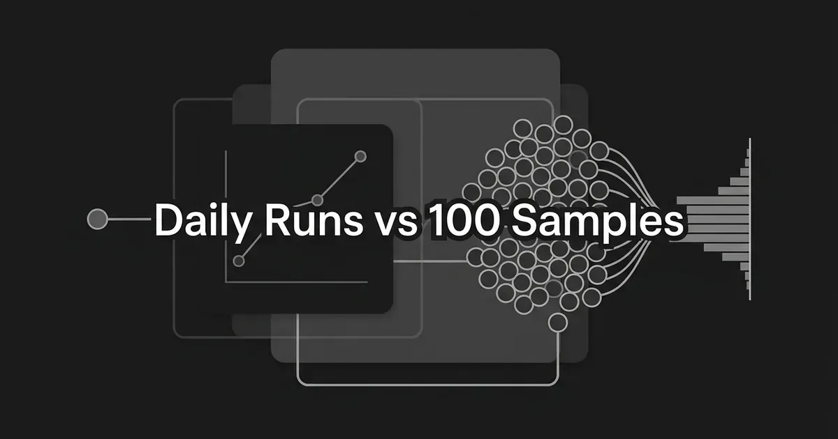 Abstract monochrome cover contrasting a single point on a trend line with a dense cluster of many sampled nodes narrowing into a histogram, under the line Daily Runs vs 100 Samples.