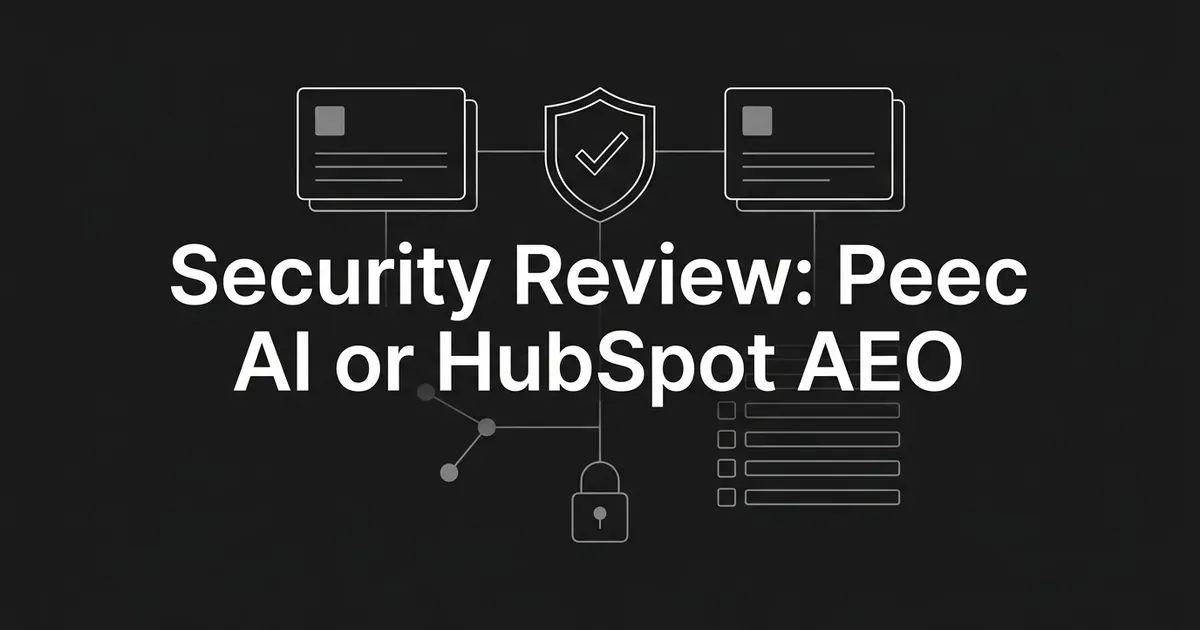 Abstract monochrome diagram of two layered cards linked to a central shield with a checkmark and a padlock, under the cover line Security Review: Peec AI or HubSpot AEO.