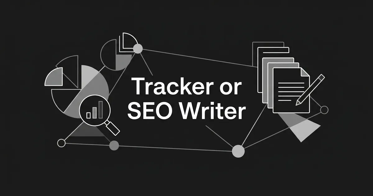 Abstract monochrome illustration of chart fragments and a magnifier on one side and stacked document pages with a pencil on the other, joined by connection lines around the words Tracker or SEO Writer.