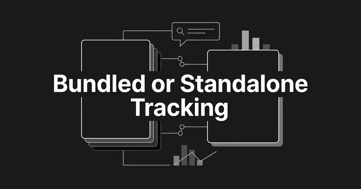 Monochrome illustration of a stacked suite card and a single standalone card linked to a search bubble and chart fragments, under the line Bundled or Standalone Tracking.