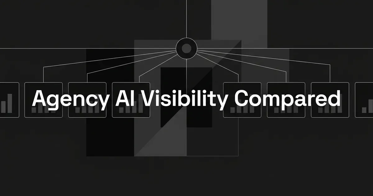 Abstract monochrome cover with a central node linked by thin lines to a row of small bar-chart cards under the text Agency AI Visibility Compared.