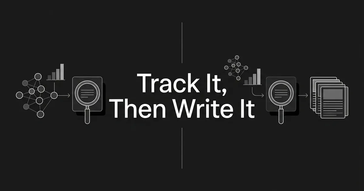 Dark monochrome cover with the line Track It, Then Write It between a tracking diagram of nodes, a bar chart and a magnifier on the left and the same flow ending in a stack of finished article cards on the right.