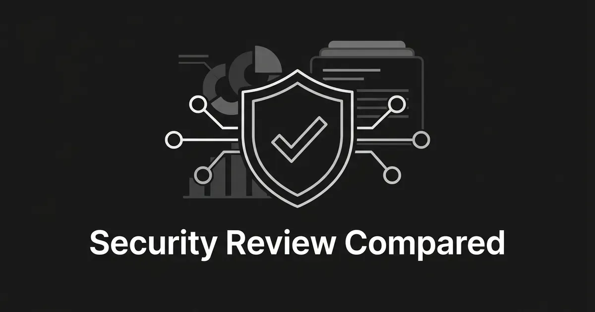 Abstract monochrome illustration of a shield and two linked nodes on a charcoal background with a short cover line about security review.