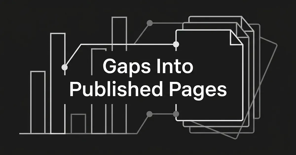 Abstract monochrome illustration of chart bars linked by a line to a stack of page cards, with the cover line Gaps Into Published Pages.