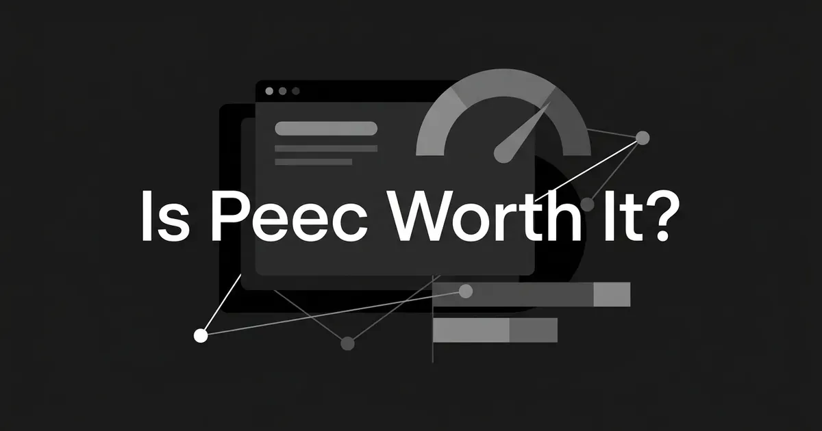 Abstract monochrome illustration of a dashboard card, a visibility gauge, and connected nodes behind the headline Is Peec Worth It, representing AI-search visibility tracking.