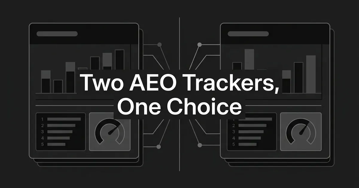 Monochrome illustration of two mirrored analytics dashboards on a charcoal background, each built from bar-chart fragments, a ranked list and a circular gauge, separated by a vertical divider with connection nodes fanning out to both sides, under the cover line "Two AEO Trackers, One Choice".