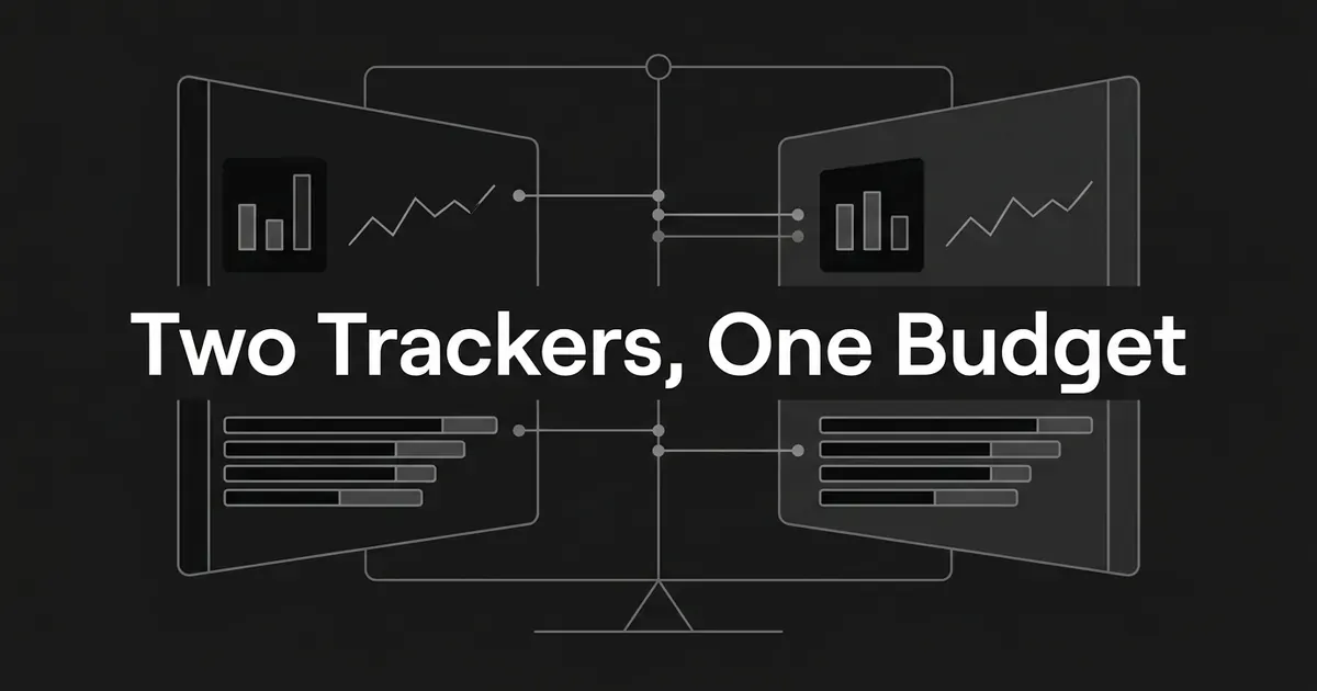 A monochrome illustration of two mirrored analytics panels balanced against each other on a central axis, under the cover line Two Trackers, One Budget.