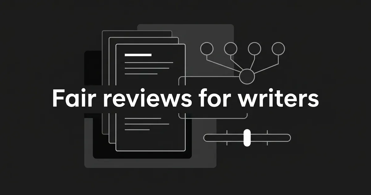 Layered review cards and a row of connected evidence nodes beside a rating slider, under the cover line Fair reviews for writers.